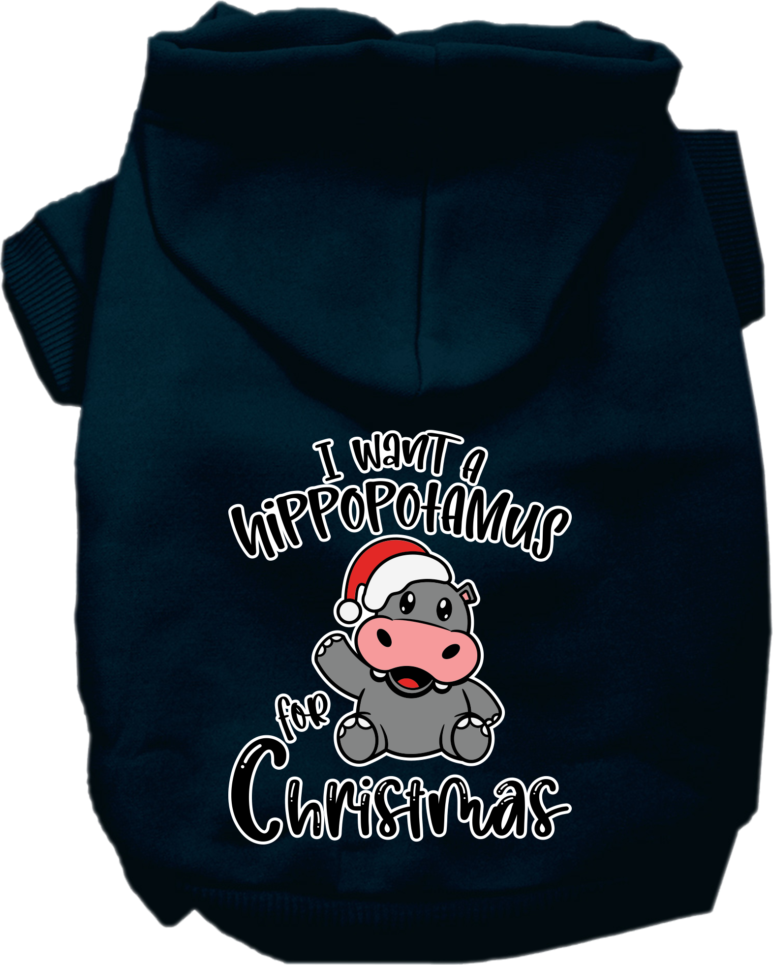 Hippo for Christmas Screen Print Dog Hoodie Navy Blue Size MD